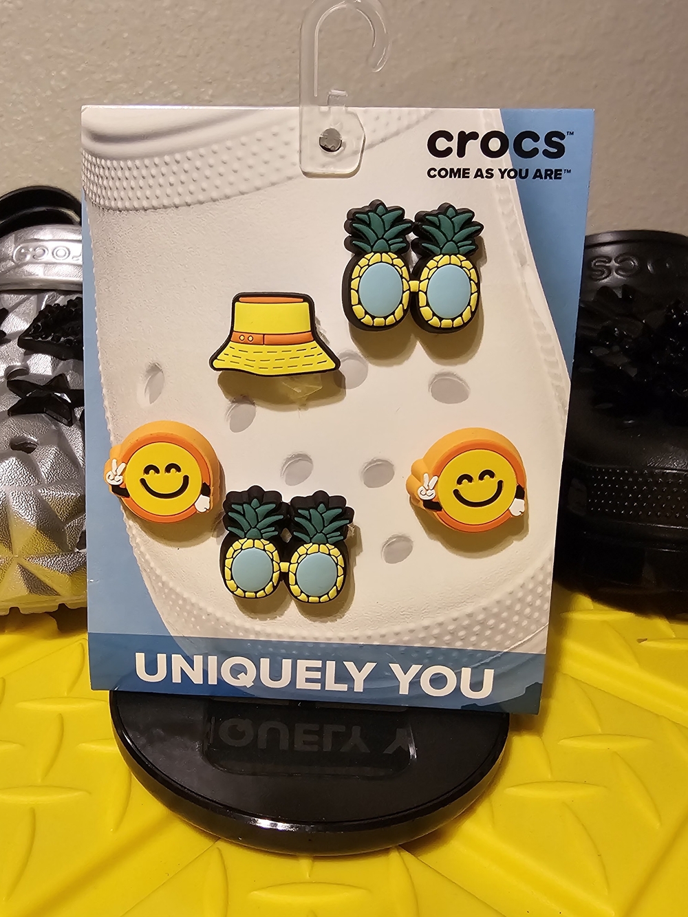 Pineapple Sunglasses, Yellow Bucket Hat & Smiley Face Authentic Crocs Jibbitz